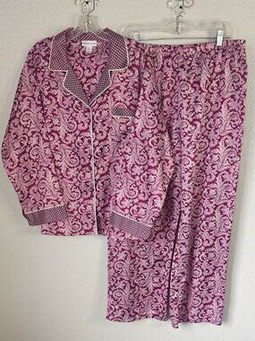 Miss Elaine XL Pajama Set Burgundy Paisley Brush Back Satin Long Sleeve & Pants